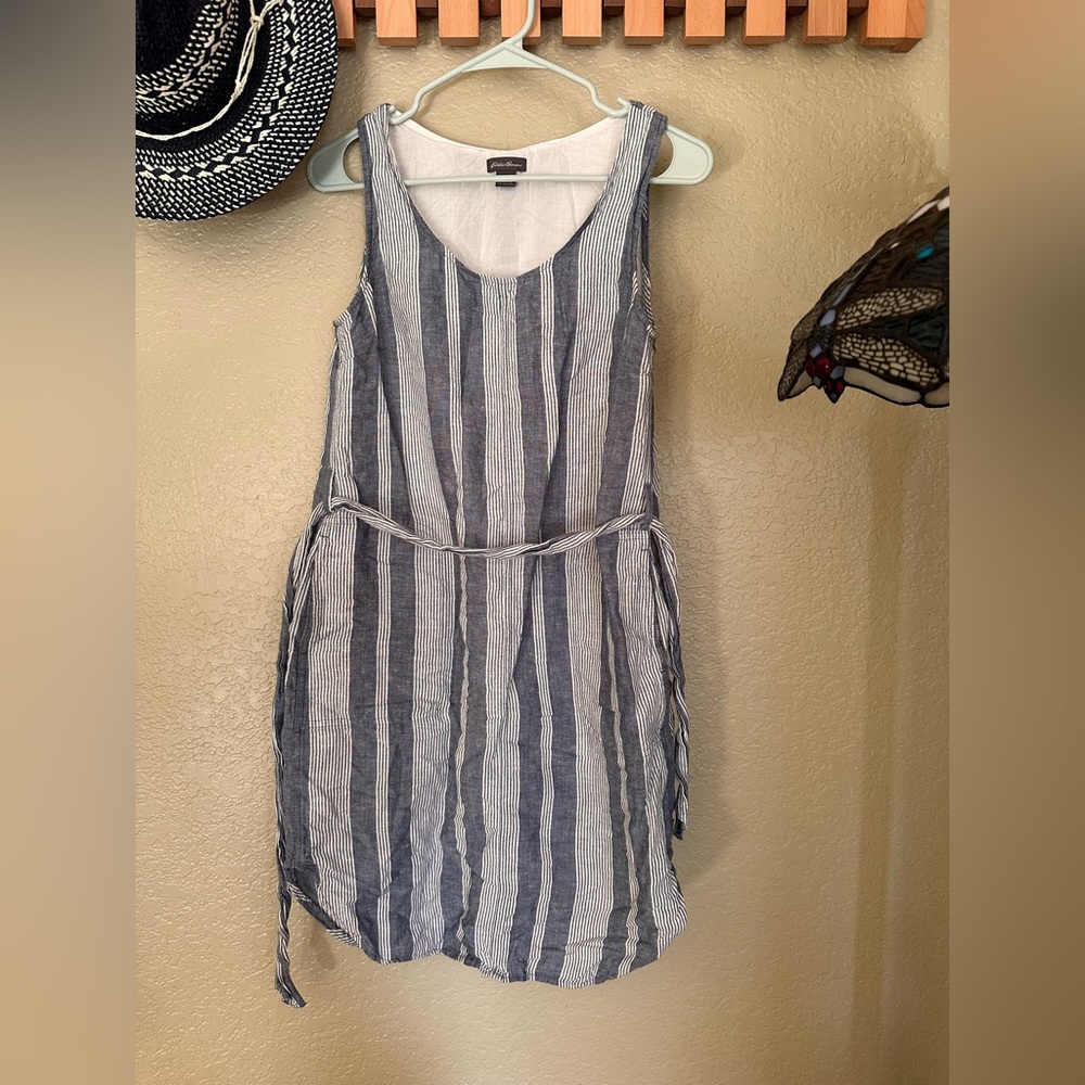 Eddie Bauer Linen Blend Women's Blue and White Striped Dress